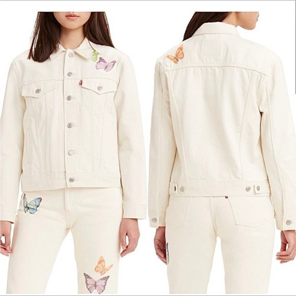 Levi’s Ex-Boyfriend Trucker Jacket Off White Butterfly Denim Jean Jacket Small - Picture 10 of 12